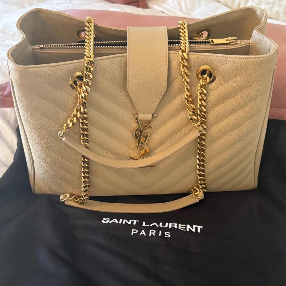 Saint Laurent Beige Quilted Shoulder Bag with Gold Chain